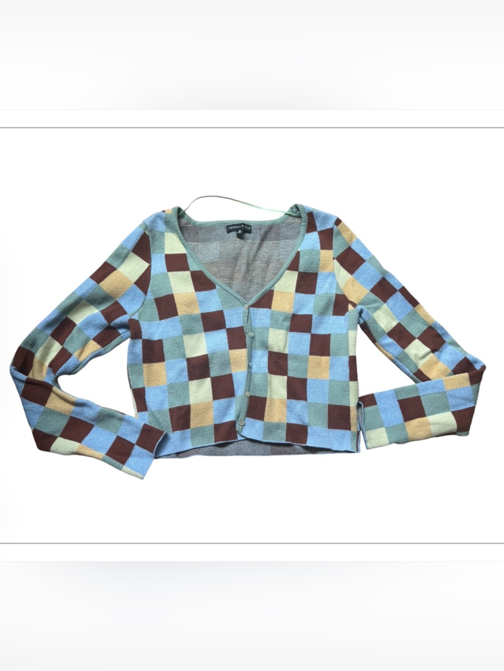 Kendall & Kylie Checkerboard Knit Cardigan in Blue, Brown, Mint size Medium